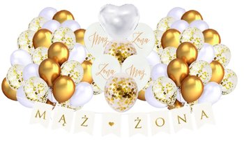 Zestaw balonów na Rocznicę Ślubu, Ślub Wesele biało złote baner mąż żona - Szafran Limited