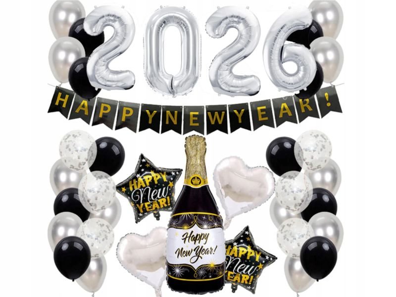ImprezCzas Zestaw balonów na Sylwestra srebrno-czarny Nowy Rok Happy New Yer 2026