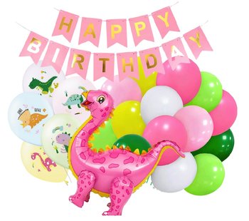 Zestaw balonów z Dinozaurem na Urodziny Kolorowe Dinozaury Baner różowy - Szafran Limited