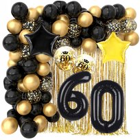 Zestaw balony na 60 urodziny cyfry dekoracja czarne złote kurtyna mocne