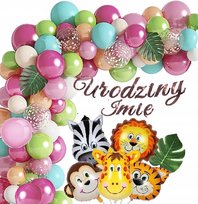Zestaw Balony Safari Dżungla Urodziny Dekoracje Las Zwierzątka ZOO + Imię