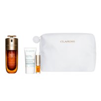 Zestaw Clarins: serum do twarzy 50 ml, maska do twarzy 15 ml, olejek do ust 1,4 ml oraz kosmetyczka