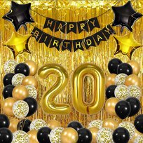 ZESTAW DEKORACJI BALONY 20 URODZINY ZŁOTE CZARNE KURTYNA ŚCIANKA IMPREZA XL