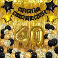 ZESTAW DEKORACJI BALONY 40 URODZINY ZŁOTE CZARNE KURTYNA ŚCIANKA IMPREZA XL