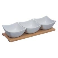 Zestaw do dipów, porcelanowe miseczki na bambusowej tacy, białe
