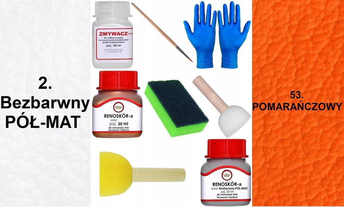 Inny producent ZESTAW DO RENOWACJI Skóry KIEROWNICY BEZBARWNY PÓŁMAT Farba POMARAŃCZOWY 53