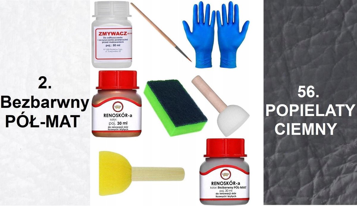 Inny producent ZESTAW DO RENOWACJI Skóry KIEROWNICY BEZBARWNY PÓŁMAT + Farba POPIEL CIEMNY