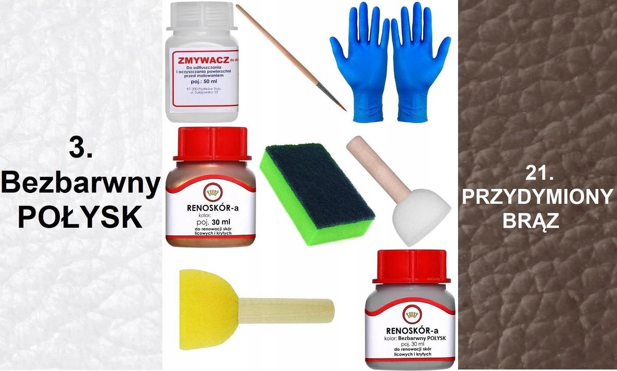 Inny producent ZESTAW DO RENOWACJI Skóry KIEROWNICY BEZBARWNY POŁYSK FarbaBRĄZ PRZYDYMIONY