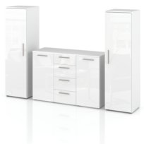 ZESTAW DO SALONU MEBLOŚCIANKA RTV KOMODA SŁUPEK REGAŁ WYSOKI POŁYSK BIAŁY