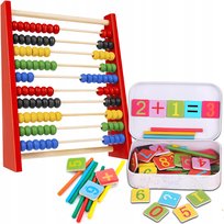 ZESTAW EDUKACYJNY Liczydło drewniane PATYCZKI do LICZENIA metalowa puszka