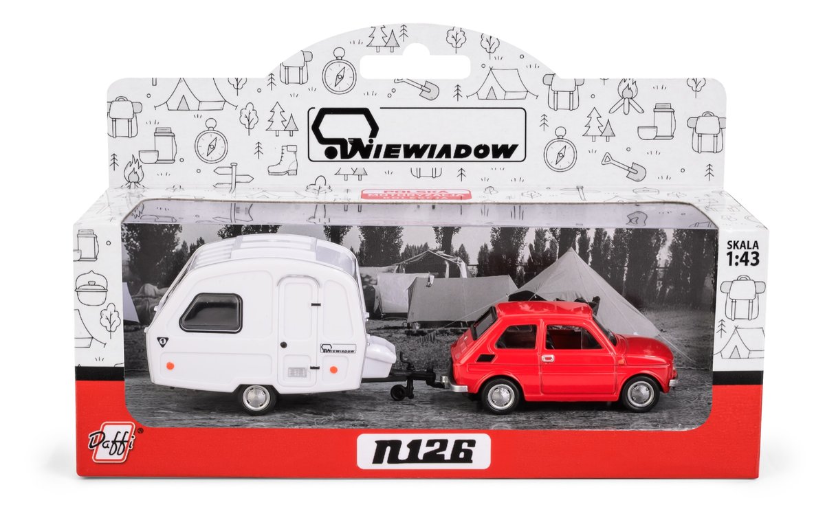 Fiat 126p czerwony + przyczepa kempingowa Niewiadów N126 | kolor brązowy, żółty oraz Fiat 126P, Fiat 125P, Polonez