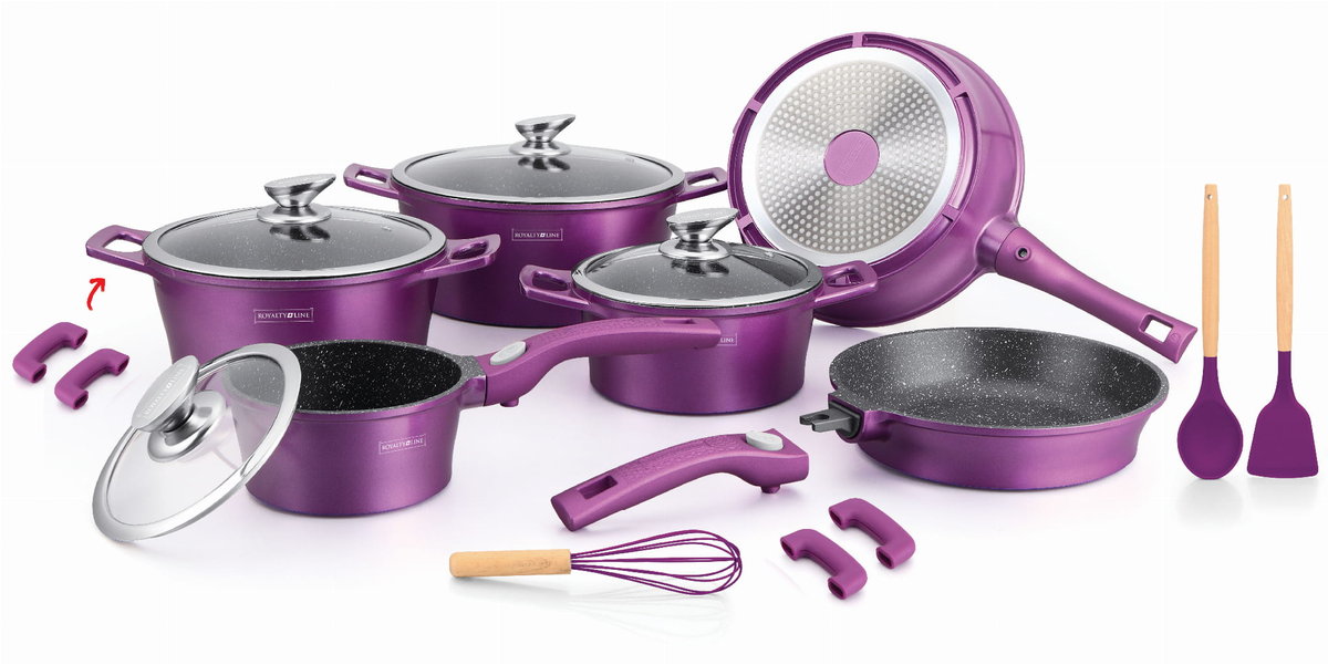ROYALTY LINE Set Di Pentole In Marmo 14 Pezzi – Rivestimento Antiaderente, Manici Rimovibili In Silicone, Adatto A Tutti I Piani Cottura, Colore Rosa