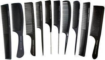 Zestaw grzebieni fryzjerskich do strzyżenia włosów 10 sztuk karbonowe czarne - Calissimo