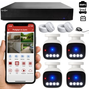 ZESTAW KAMER DO MONITORINGU POE DO DOMU 4 KAMERY 8MPx ZEWNĘTRZNE APLIKACJA - Spreest