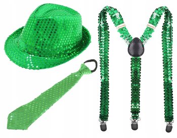 ZESTAW KAPELUSZ CEKINOWY ZIELONY ŚWIECĄCY LED SZELK KRAWAT ŚW PATRYK ELF - Crong