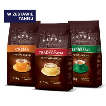 Zestaw Kaw Łagodnych Ziarnistych 1kg - 1x Tradycyjna, 1x Crema, 1x Espresso - ASTRA COFFEE & MORE