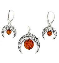 Zestaw komplet biżuteri kolczyki wisiorek srebrny z bursztynem księżyc