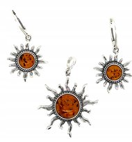 Zestaw komplet biżuterii kolczyki wisiorek srebrny z bursztynem słońce