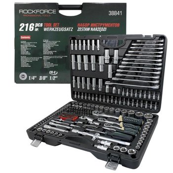 Zestaw komplet narzędzi narzędziowy nasadki grzechotki klucze 216el 1/4" 3/8" 1/2" 6-kątnych 4-32mm ROCKFORCE - Rockforce