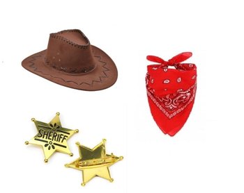 Zestaw Kowbojka/Kowboj Brązowy ZES468 Kapelusz Brązowy Bandanka Gwiazda Szeryfa dla dorosłych - PartyTino