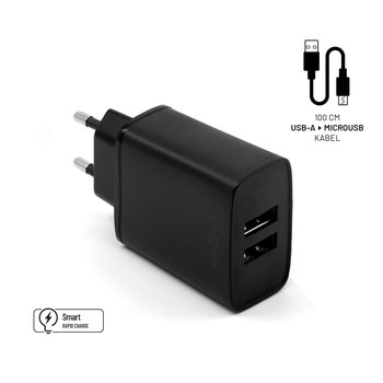 Zestaw ładowarki sieciowej FIXED z wyjściem 2xUSB i kablem USB/micro USB, 1m, 15W Smart Rapid Charge, czarny - FIXED