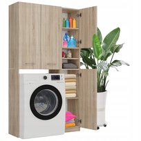 Zestaw Łazienkowy Biały Szafka Nad Pralkę Zabudowa Słupek Regał Dąb Sonoma