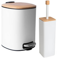Zestaw Łazienkowy Biały Z Bambusem: Kosz Na Śmieci 5L Z Wolnoopadającą Klapą I Szczotka Do Wc Yoka Home