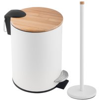 Zestaw Łazienkowy Kosz na śmieci i stojak na papier ze szczotką WC biały bambus YOKA