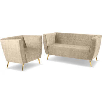 Zestaw Mebli Lara: Fotel I Sofa W Kolorze Beżowym Ze Złotymi Nogami - Postergaleria