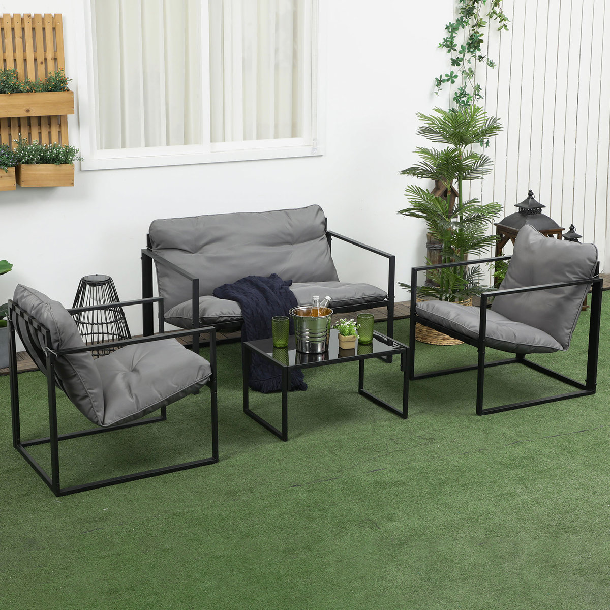 Zestaw mebli ogrodowych, 1 stolik szklany, 2 fotele, 1 sofa, odporny na warunki pogodowe, 114 cm x 70 cm x 67 cm, Szary + Czarny
