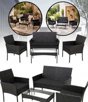 ZESTAW MEBLI OGRODOWYCH TREVISO CZARNY DWA FOTELE SOFA DWUOSOBOWA STOLIK