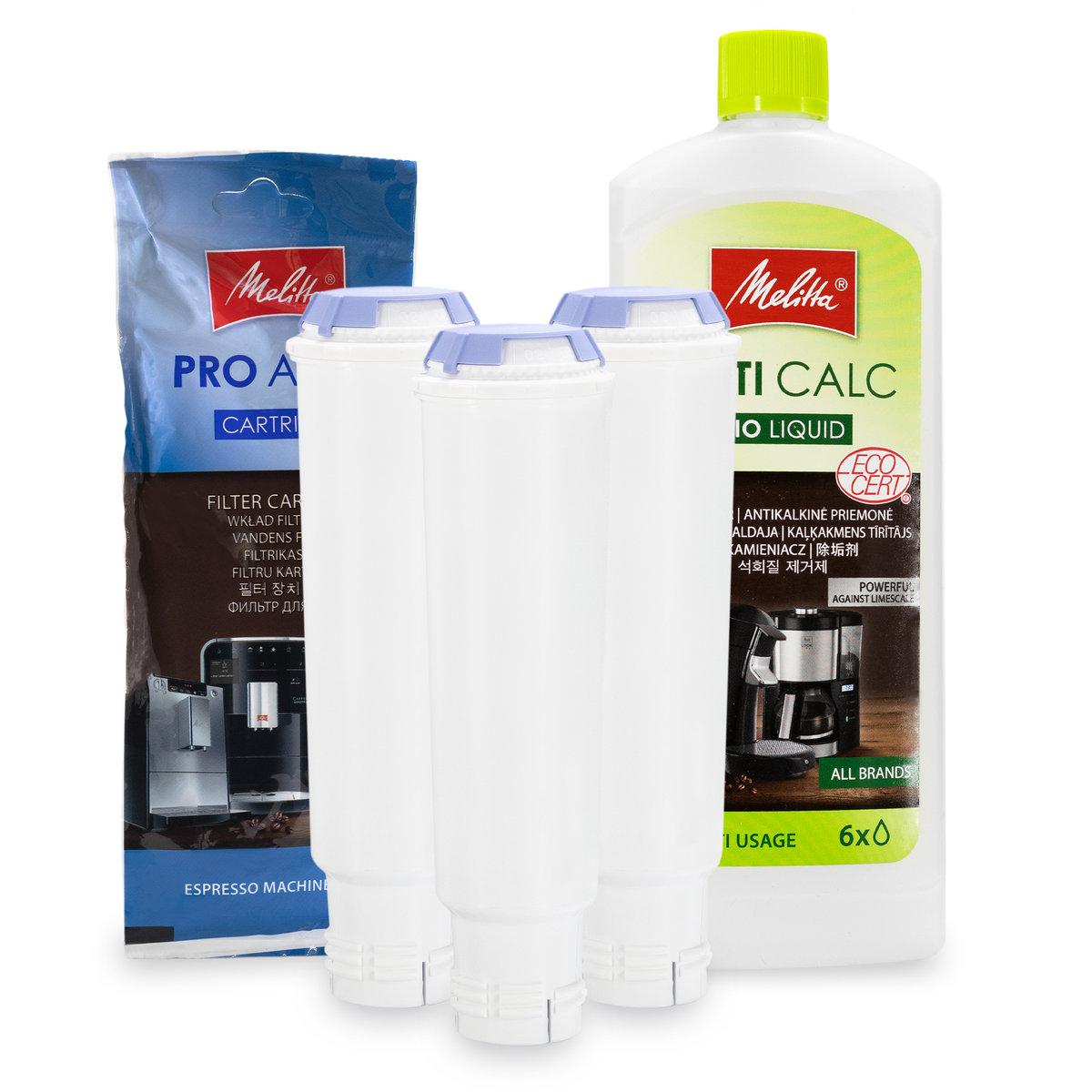 Zestaw MELITTA filtr Claris Pro Aqua 3szt, Odkamieniacz AntiCalc 250ml ...