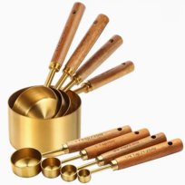 Zestaw miarek łyżek kuchennych miarki metalowe z drewnianą rączką 8 sztuk komplet ZŁOTE