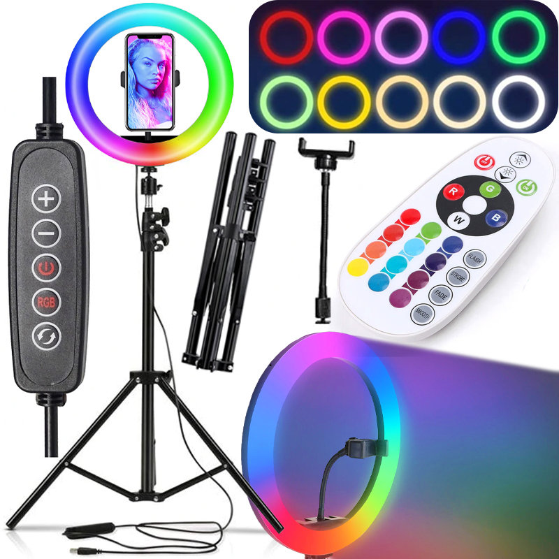 ZESTAW MOCNA LAMPA PIERŚCIENIOWA RING DO SELFIE LED RGB STATYW + 2x PILOT