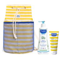Zestaw Mustela delikatny żel do mycia 500 ml, Mleczko SPF 50+ 100 ml, Plecak