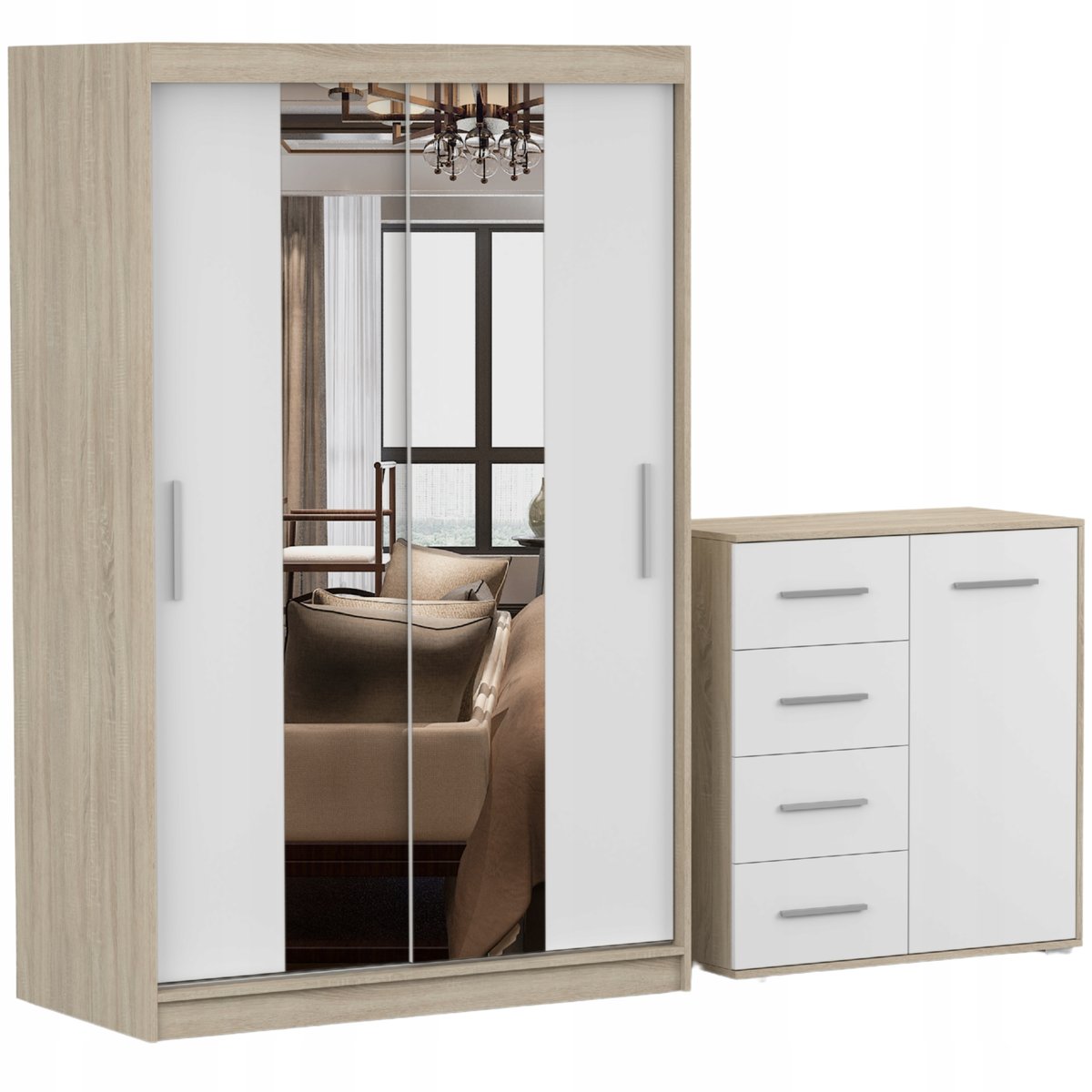 Zestaw NEOMI 01 Szafa 120 Komoda FRIDA MINI 01 90 półki SB PRODUCENT