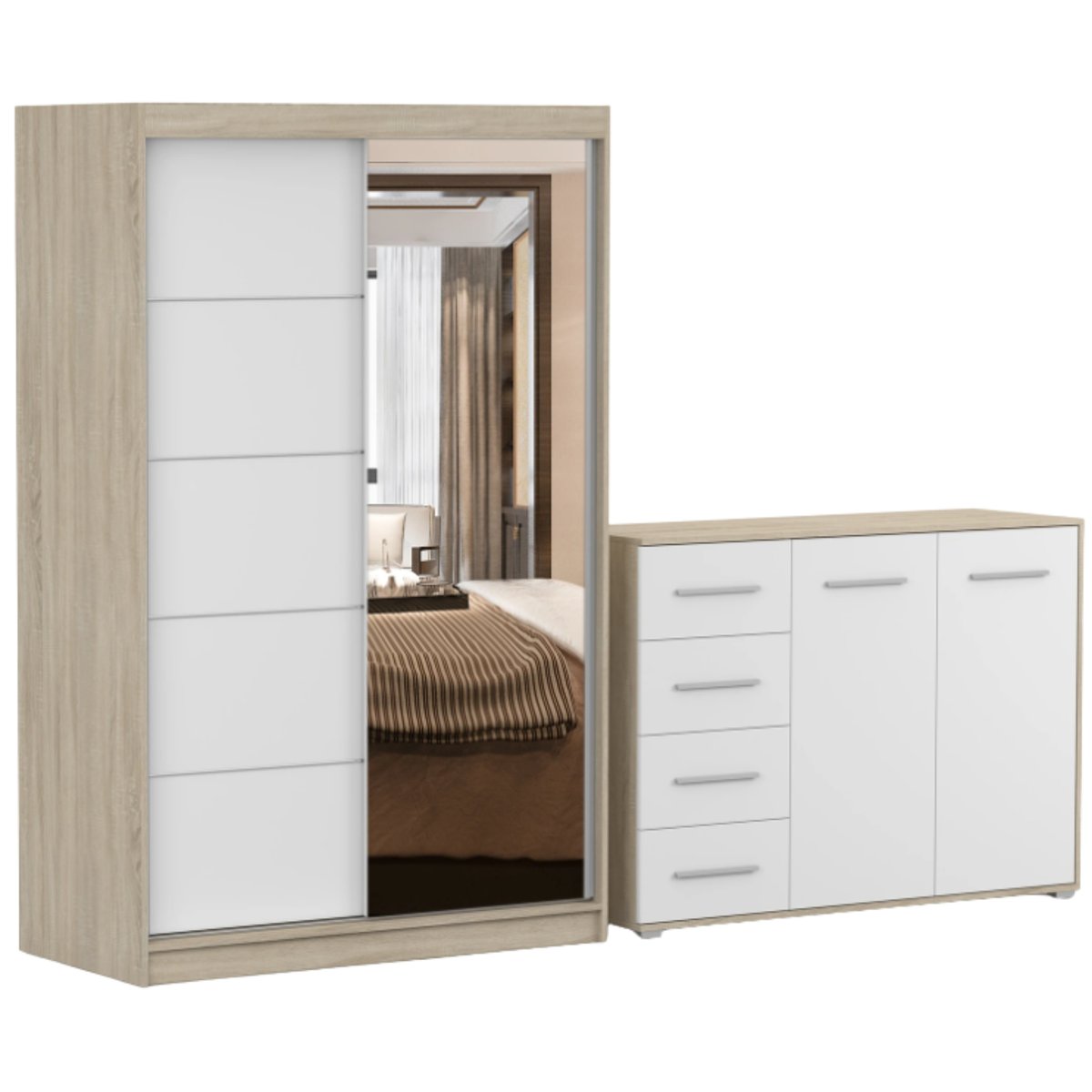 Zestaw NEOMI 05 Szafa 120 Komoda FRIDA 01 135 półki SB PRODUCENT