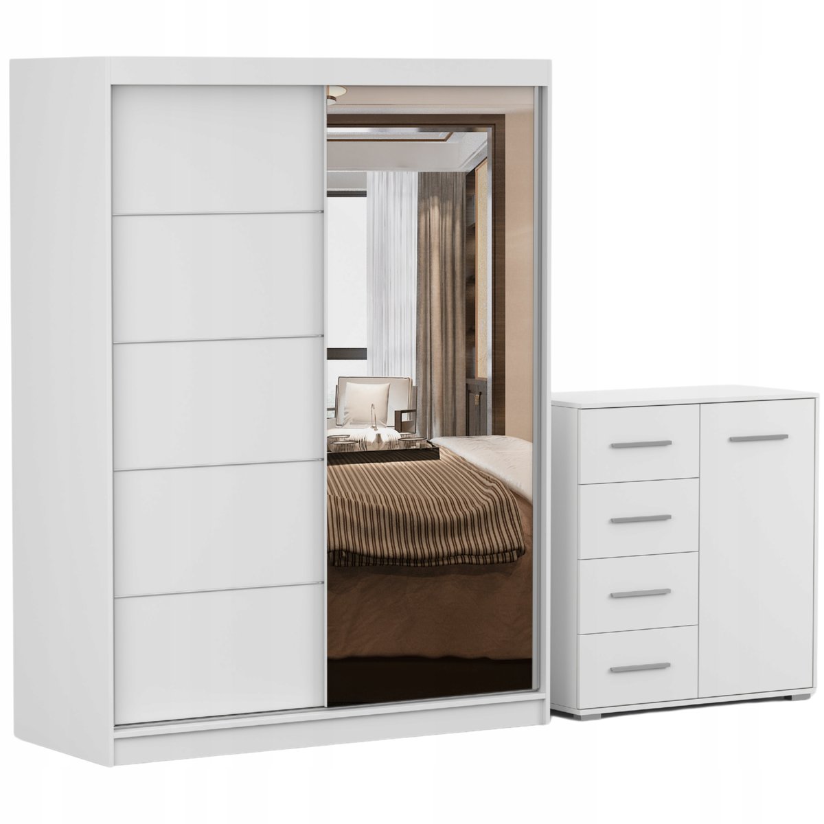 Zestaw NEOMI 05 Szafa 120 Komoda FRIDA 01 MINI 90 półki BIAŁY PRODUCENT