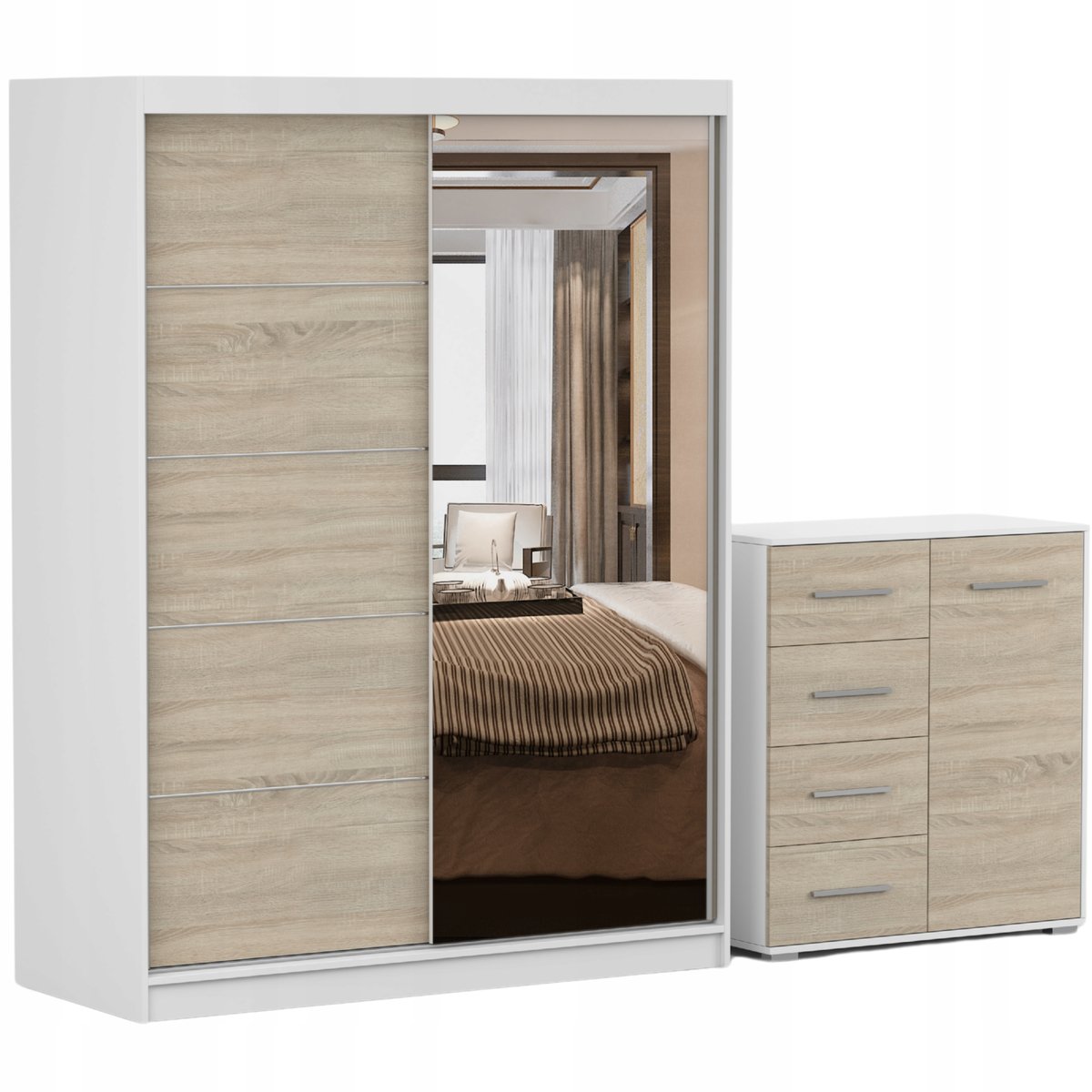Zestaw NEOMI 05 Szafa 120 Komoda FRIDA MINI 01 90 półki BS PRODUCENT