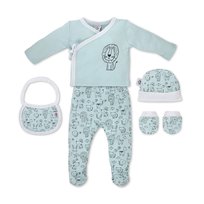 Zestaw Nowordoka 5 szt.miętowy zwierzęta Koszulka Spodnie Rękawice Śliniak 0-6 miesięcy wyprawka