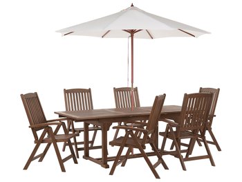 Zestaw ogrodowy drewno akacjowe stół i 6 krzeseł z parasolem beżowym AMANTEA - Beliani