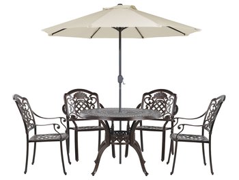 Zestaw ogrodowy metalowy stół i 4 krzesła brązowy SALENTO z parasolem (16 opcji do wyboru) - Beliani