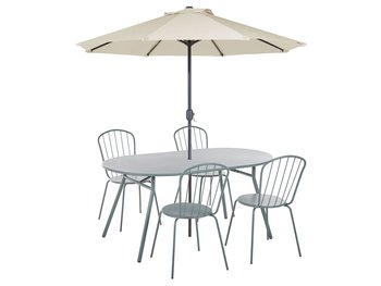 Zestaw ogrodowy metalowy stół i 4 krzesła jasnoniebieski CALVI z parasolem (16 opcji do wyboru) - Beliani