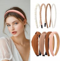 ZESTAW OPASKI DO WŁOSÓW 7 SZT BEŻE BRĄZY PERŁY SATYNA TKANINA
