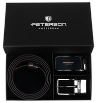 Zestaw pasek skórzany męski Peterson dwustronny do spodni klamry wymienne czarny brązowy