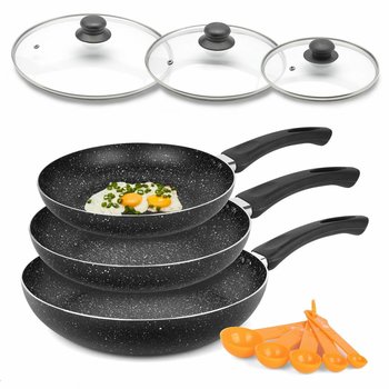 Zestaw PATELNIA MARMUROWA INDUKCJA gaz Z POKRYWKĄ x3 PATELNIE NON STICK 20/24/28cm + MIARKI Marmara Black Tadar - Tadar