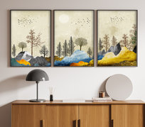 Zestaw plakatów Krajobraz Góry Las Ptaki Złote Beż Ilustracja 40x50cm