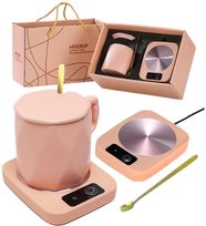 Zestaw Podgrzewacz do kawy herbaty kubek ��y��eczka box na prezent MOCKUP R����owy