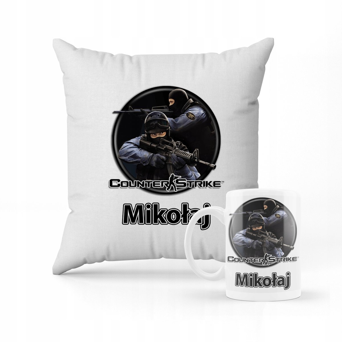 ZESTAW PODUSZKA + KUBEK PREZENT DLA DZIECKA COUNTER STRIKE CS GO + IMIĘ ...