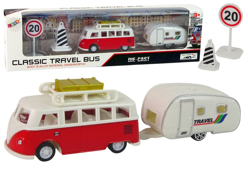 Zdjęcia - Auto dla dzieci LEAN Toys Zestaw Pojazdów Czerwony Bus z Przyczepą Campingową Import LEANToys 
